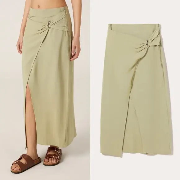 Stradivarius Green Linen Blend Asymmetrical Light Green Midi Skirt - Picture 2 of 9